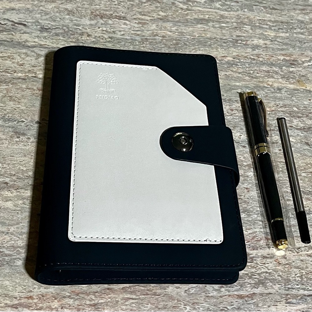New FEIDIAO Black & Ivory White Organizer/ Planner with Pen and Snap on Closure